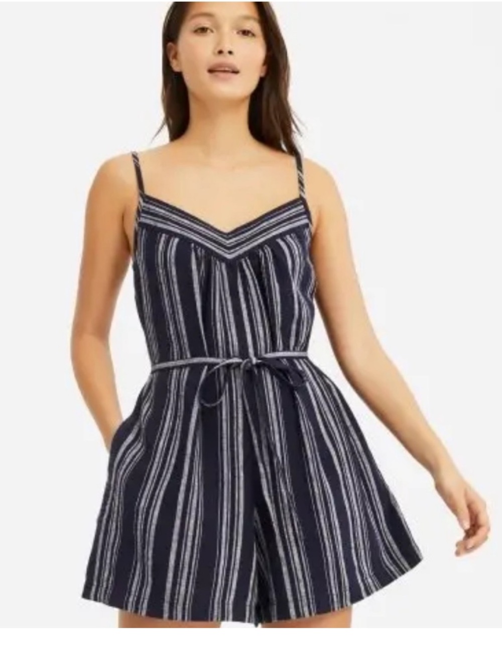 Uniqlo Navy and Gray Striped Spaghetti-Strap Romper S